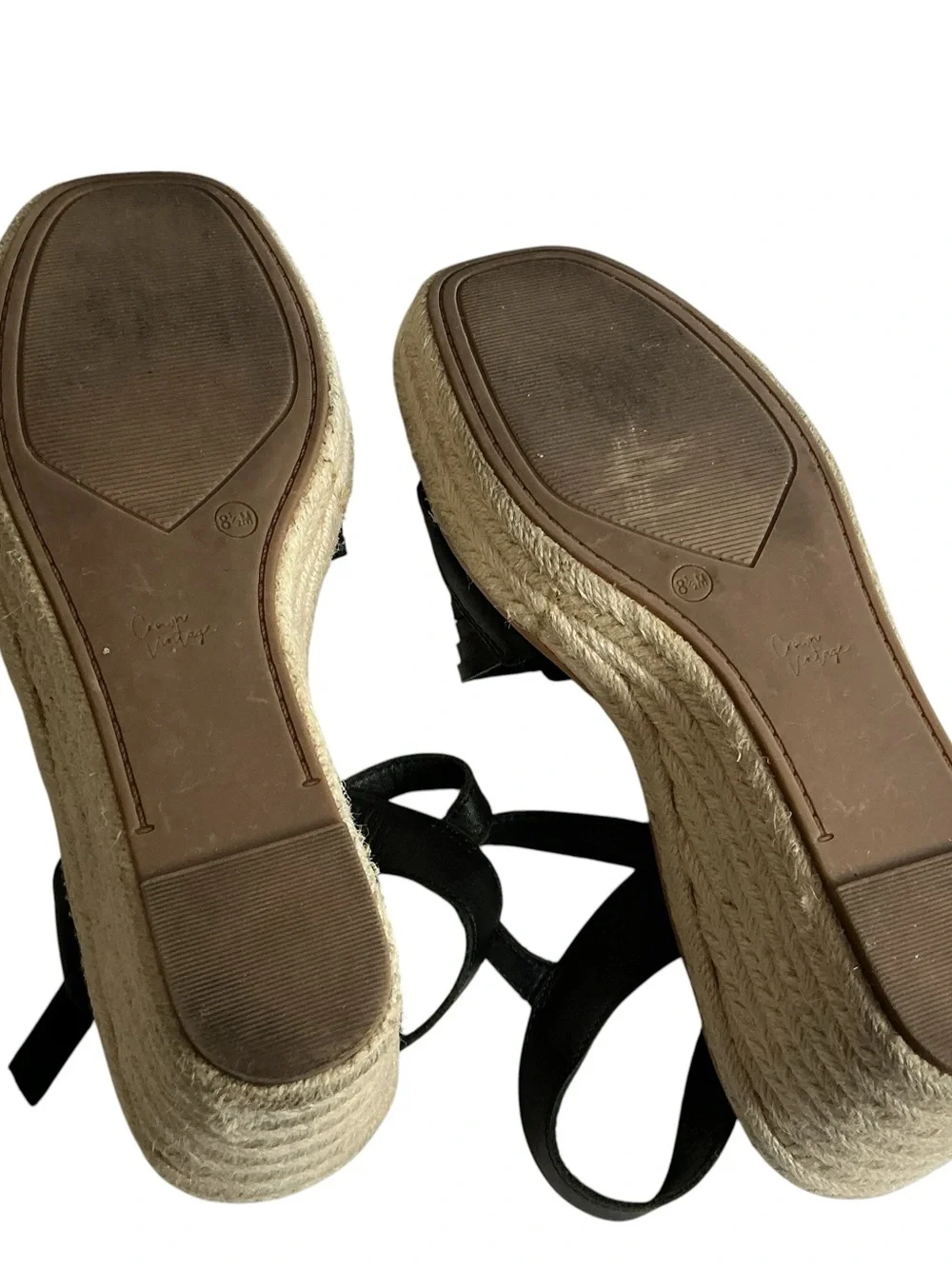 Crown Vintage Hendra Espadrille Wedge Sandals Black Leather Strappy Size 8.5 M